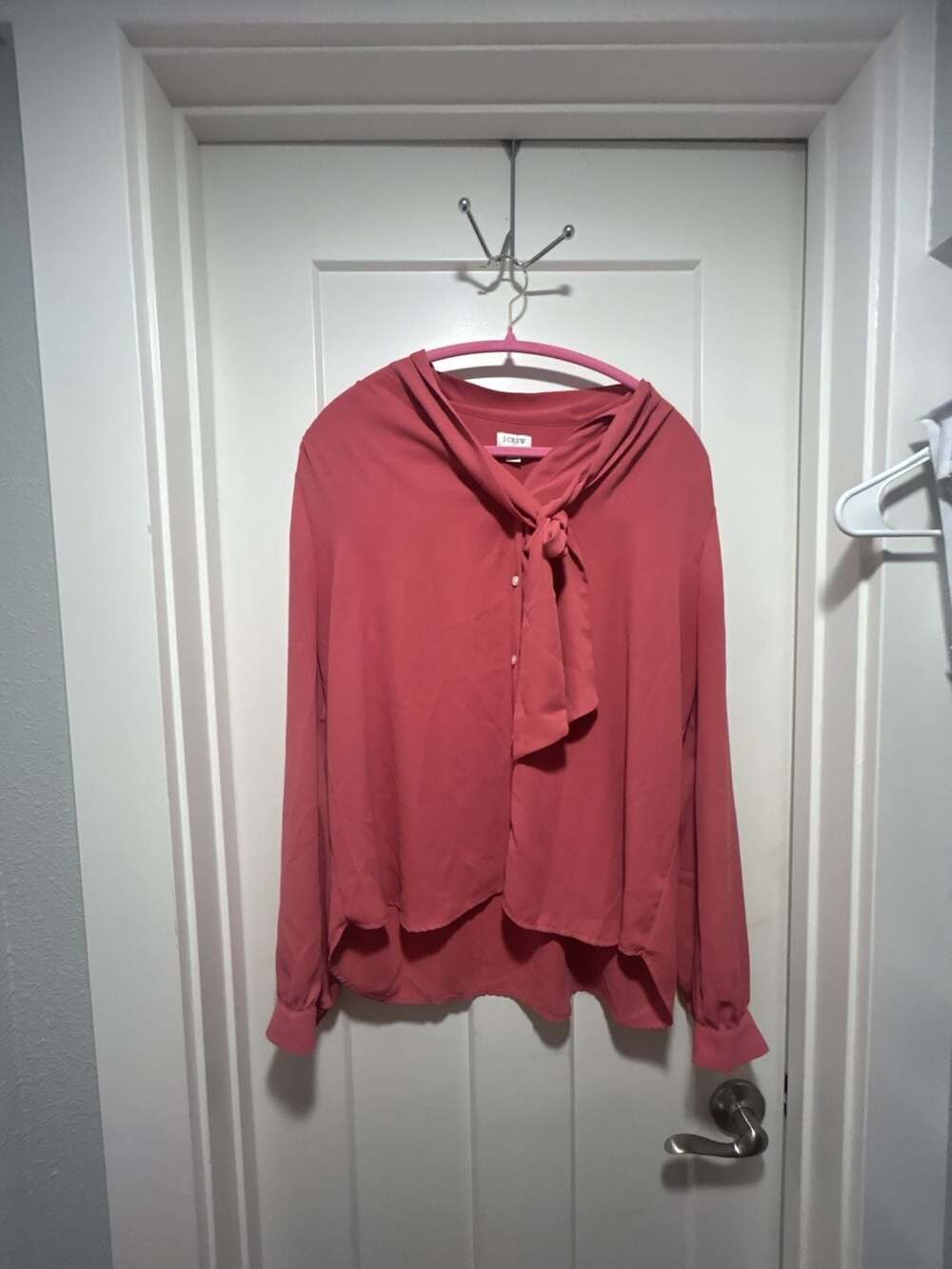 J. Crew Tie-Neck Blouse Size L Pink Long Sleeve Button Front
